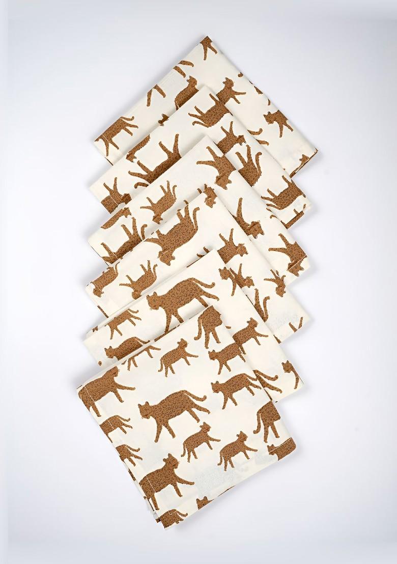 White And Brown Leopard Printed 6 Pieces Pure Cotton Table Napkins
