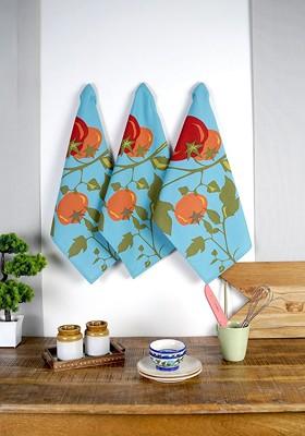 AquaBlue And Green 3 Pieces Tomato Printed Cotton Kitchen Towels