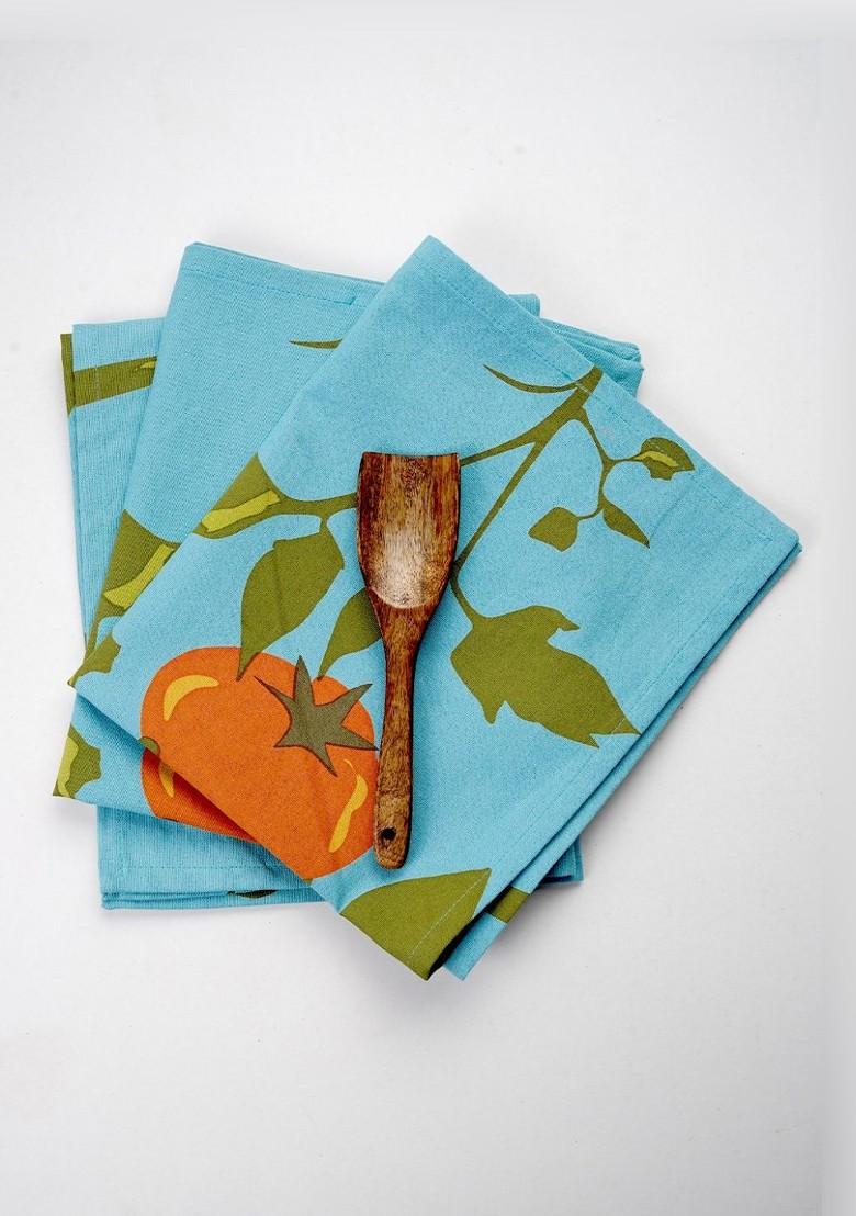 AquaBlue And Green 3 Pieces Tomato Printed Cotton Kitchen Towels