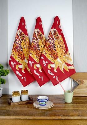 Red And Yellow 3 Pieces Corn Printed Cotton Kitchen Towels