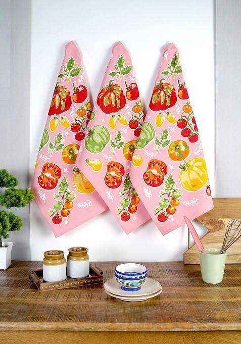 Pink And Yellow 3 Pieces Capsicum Printed Cotton Kitchen Towels