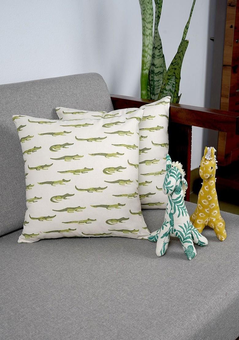 Green And White 2 Pieces Quirky Square Cotton Cushion Covers