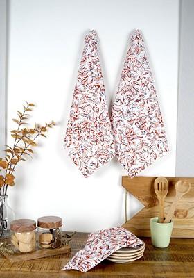 White And Peach 3 Pieces Floral Printed Pure Cotton Kitchen Towels
