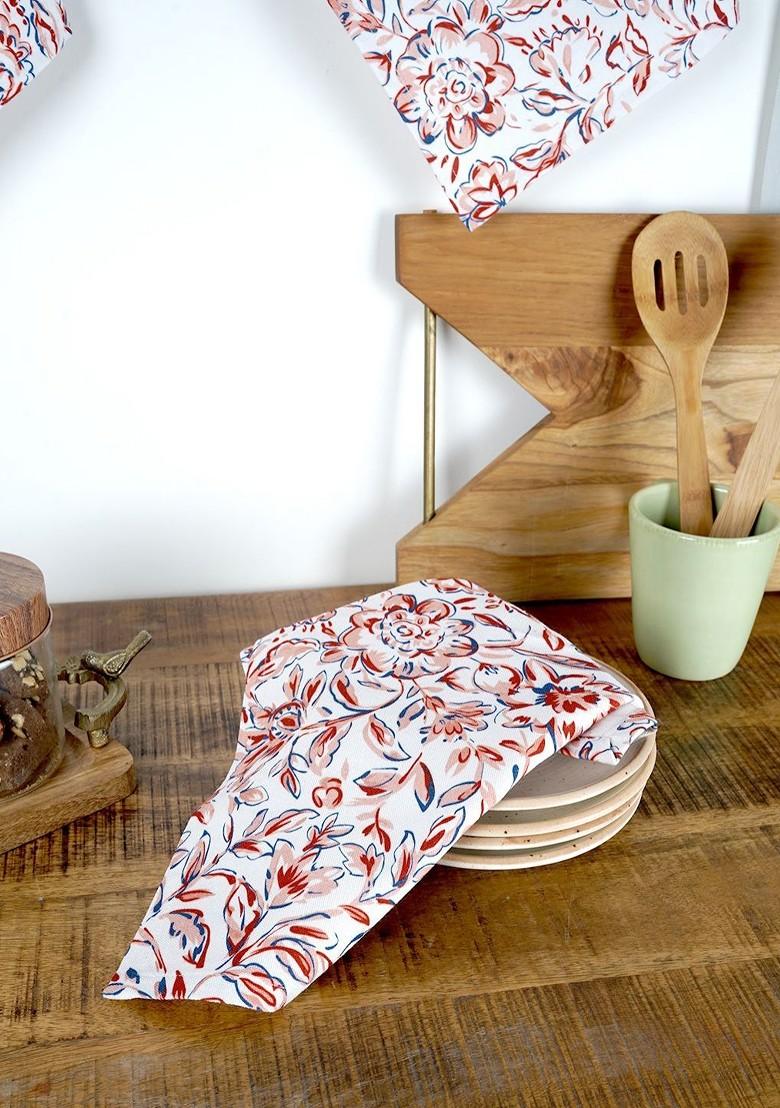 White And Peach 3 Pieces Floral Printed Pure Cotton Kitchen Towels
