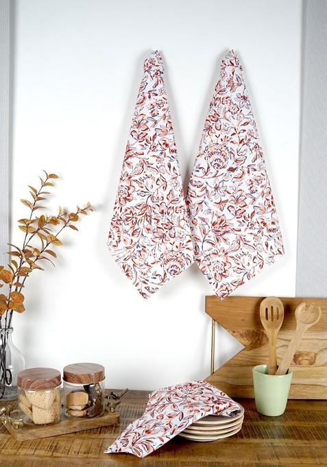 White And Peach 3 Pieces Floral Printed Pure Cotton Kitchen Towels