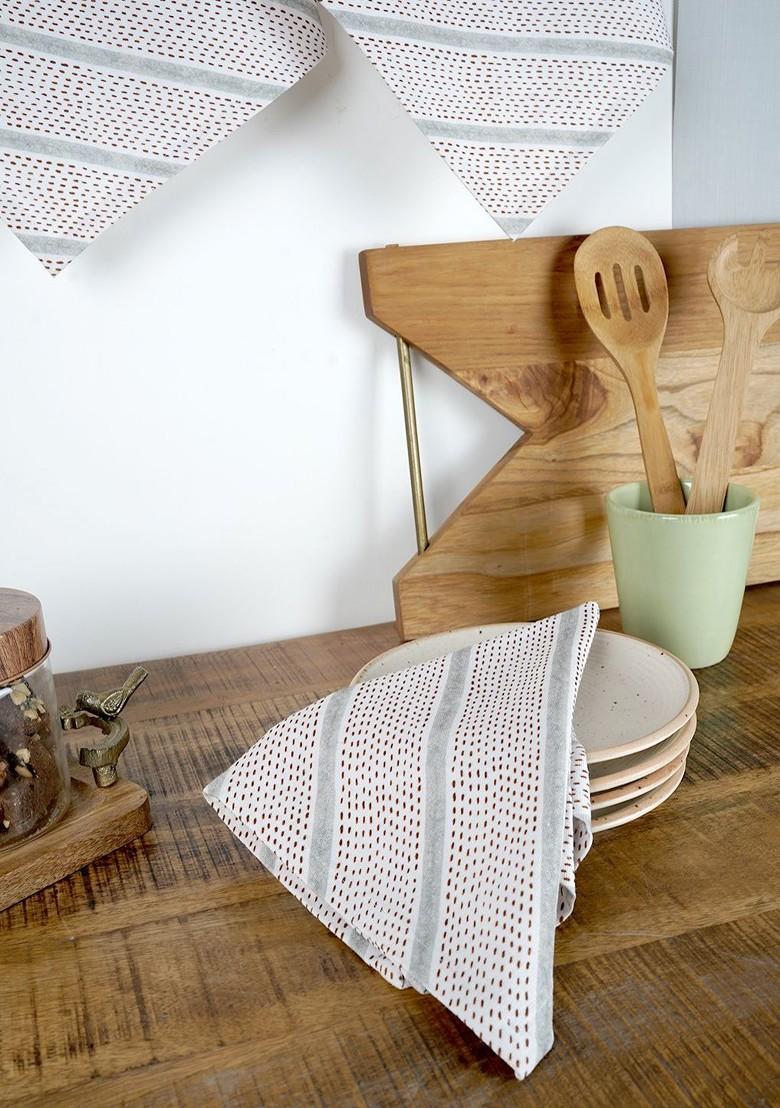 Off White And Red 3 Pieces Striped Cotton Kitchen Towels