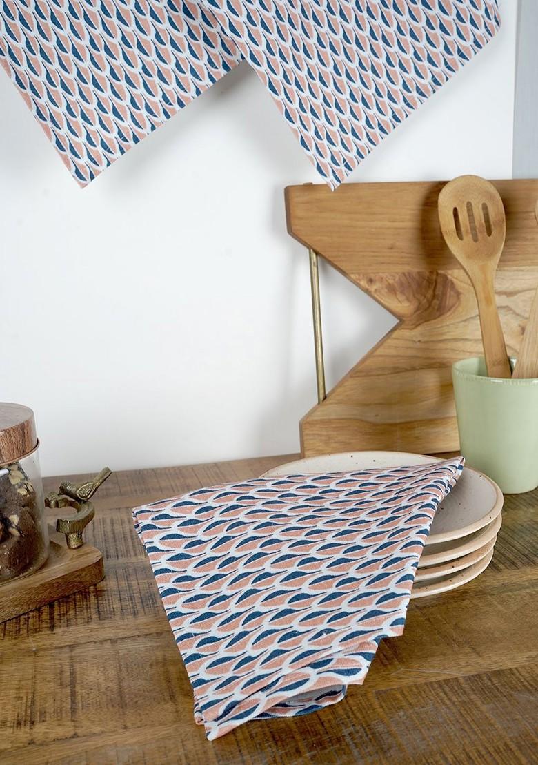 Peach Coloured And Blue 3 Pieces Conversational Printed Cotton Kitchen Towel