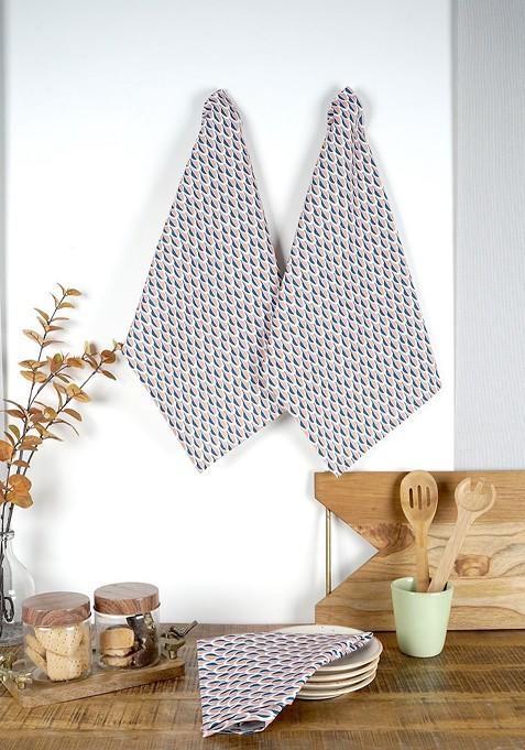 Peach Coloured And Blue 3 Pieces Conversational Printed Cotton Kitchen Towel