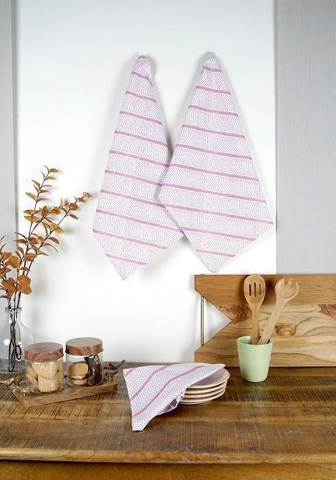 Pink 3 Pieces Striped Cotton Kitchen Towels