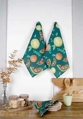 Dark Green And Orange 3 Pieces Fruits Printed Cotton Kitchen Towels