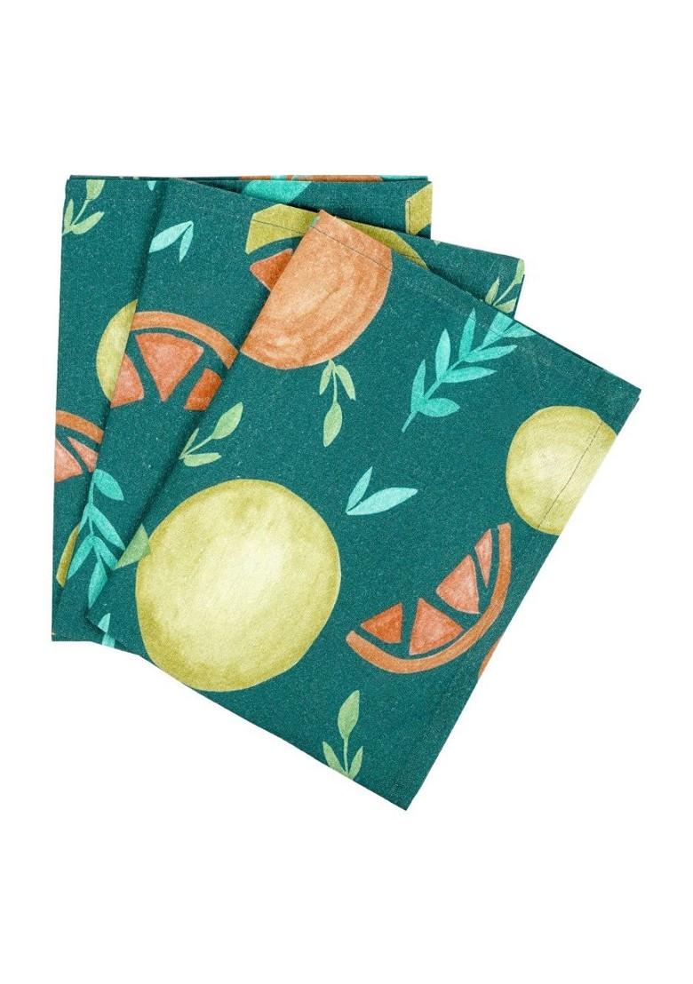 Dark Green And Orange 3 Pieces Fruits Printed Cotton Kitchen Towels