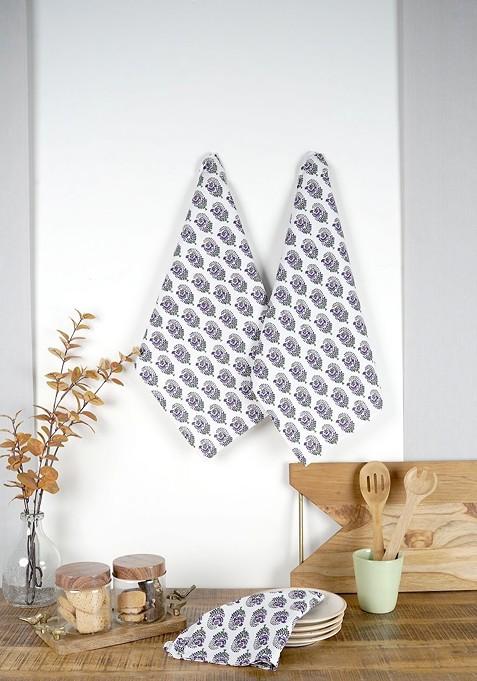 White And Purple 3 Pieces Floral Printed Cotton Highly Absorbent Kitchen Towels