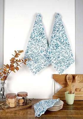 Blue And White 3 Pieces Floral Printed Cotton Kitchen Towels