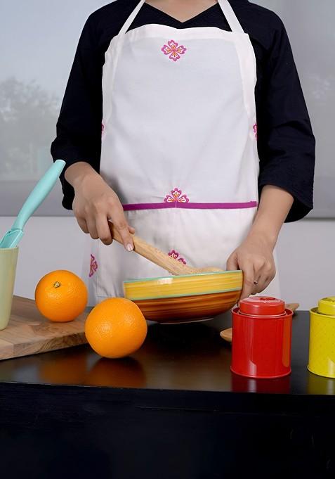 White Floral Printed Cotton Apron