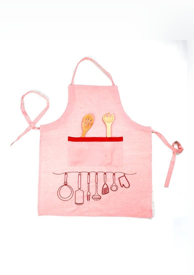 Pink And Red Embroidery Utensils Printed Cotton Apron