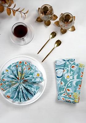 Sea Green And White 6 Pieces Printed Cotton Table Napkins