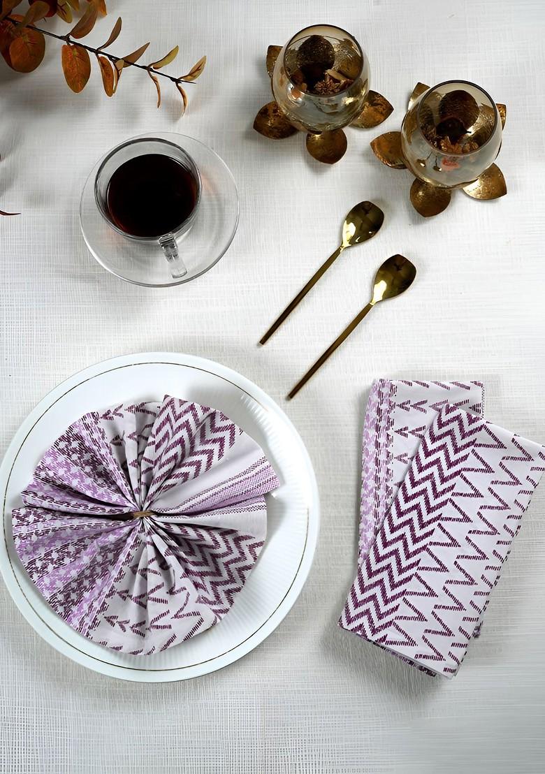 Purple And White 6 Pieces Geometric Printed Cotton Table Napkins