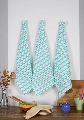 Sea Green And White 3 Pieces Printed Cotton Kitchen Towels