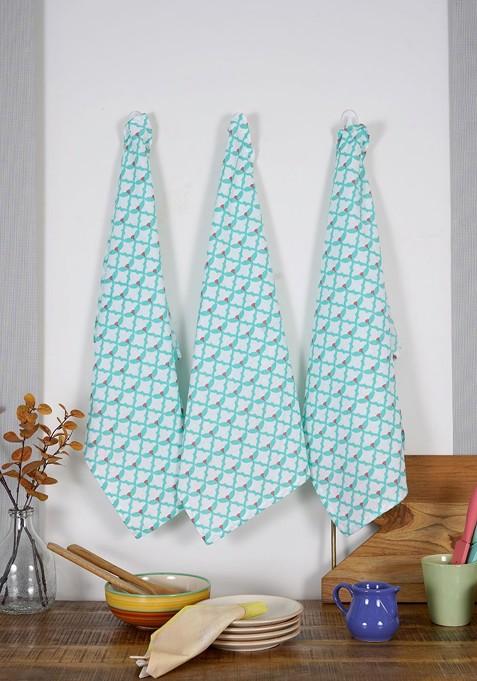 Sea Green And White 3 Pieces Printed Cotton Kitchen Towels