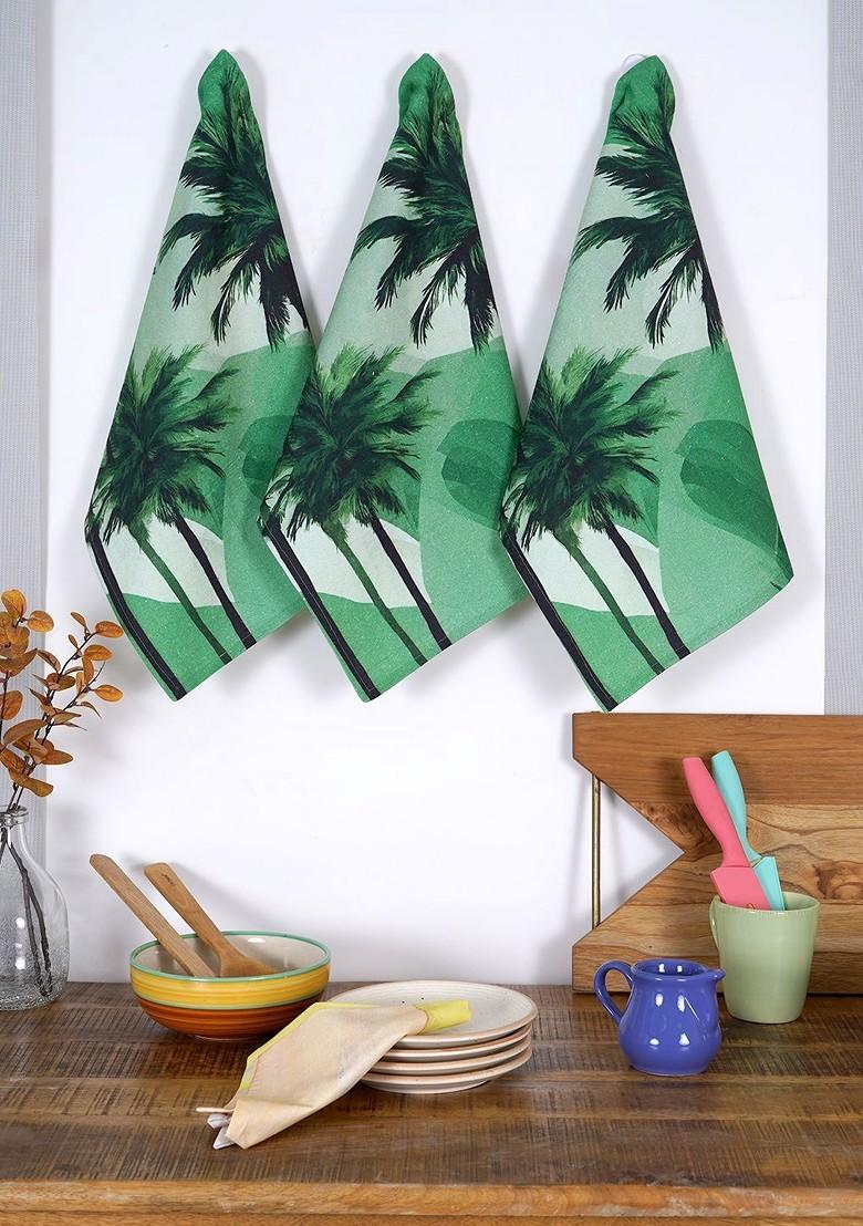 Green 3 Pieces Printed Cotton Kitchen Towels