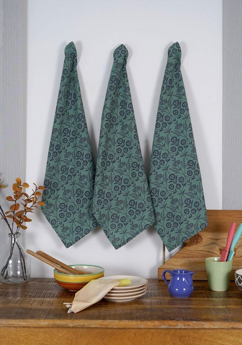 Green 3 Pieces Printed Cotton Kitchen Towels