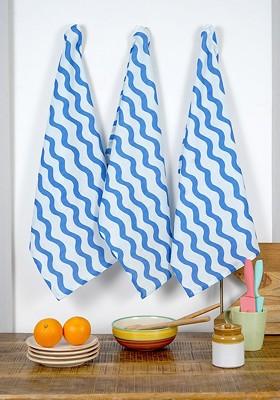 Blue And White 3 Pieces Printed Cotton Kitchen Towels