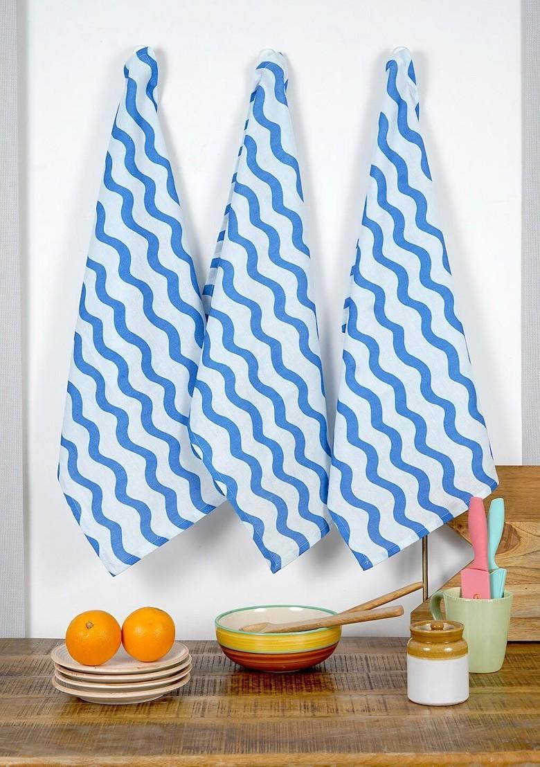Blue And White 3 Pieces Printed Cotton Kitchen Towels
