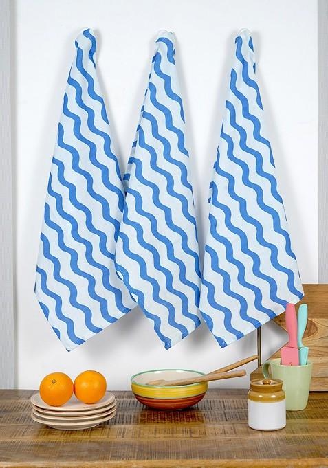 Blue And White 3 Pieces Printed Cotton Kitchen Towels