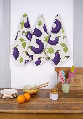 Purple And White 3 Pieces Printed Cotton Kitchen Towels