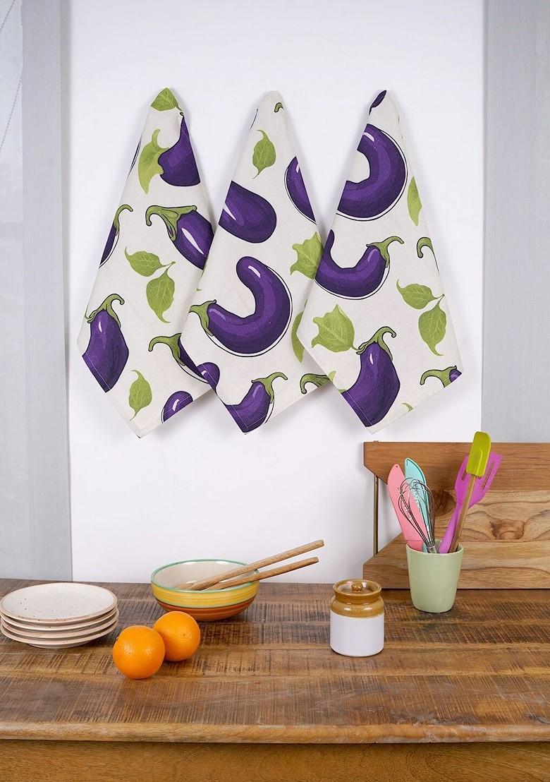 Purple And White 3 Pieces Printed Cotton Kitchen Towels