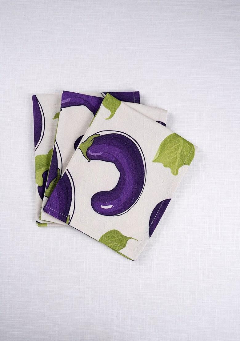 Purple And White 3 Pieces Printed Cotton Kitchen Towels