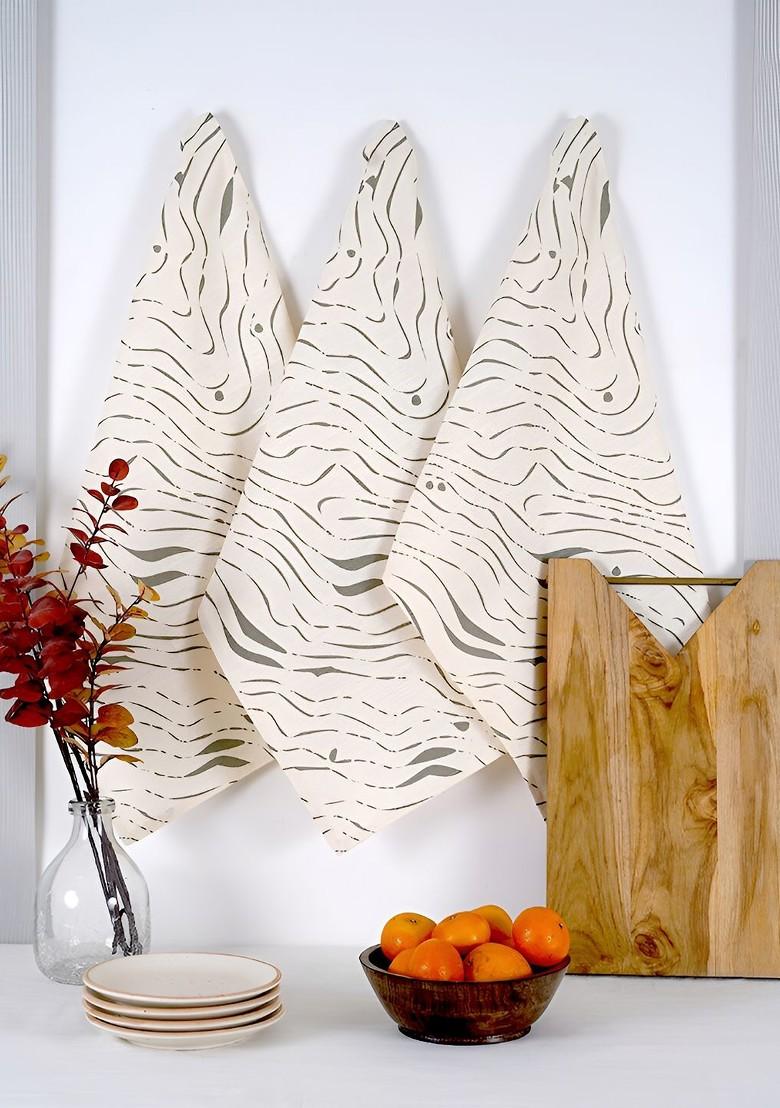 3Pcs Black And Beige Printed Cotton Kitchen Towels