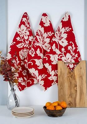 3Pcs Red And White Floral Printed Cotton Kitchen Towels