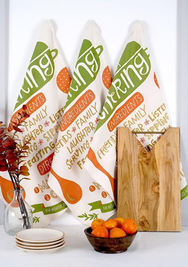 3Pcs OffWhite And Orange Printed Cotton Kitchen Towels