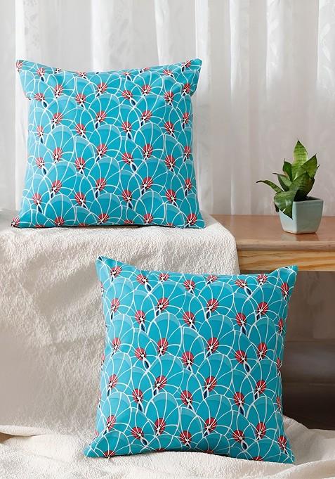 Blue And White 2 Pieces Floral Cotton Square Cushion Covers