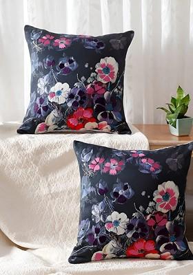 Black And Pink 2 Pieces Floral Printed Velvet Square Cushion Covers