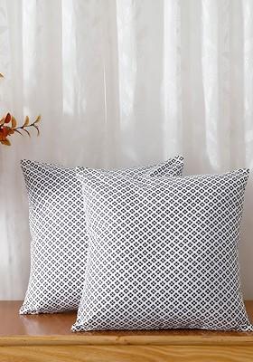 Grey And White 2 Pieces Floral Printed Cotton Square Cushion Covers