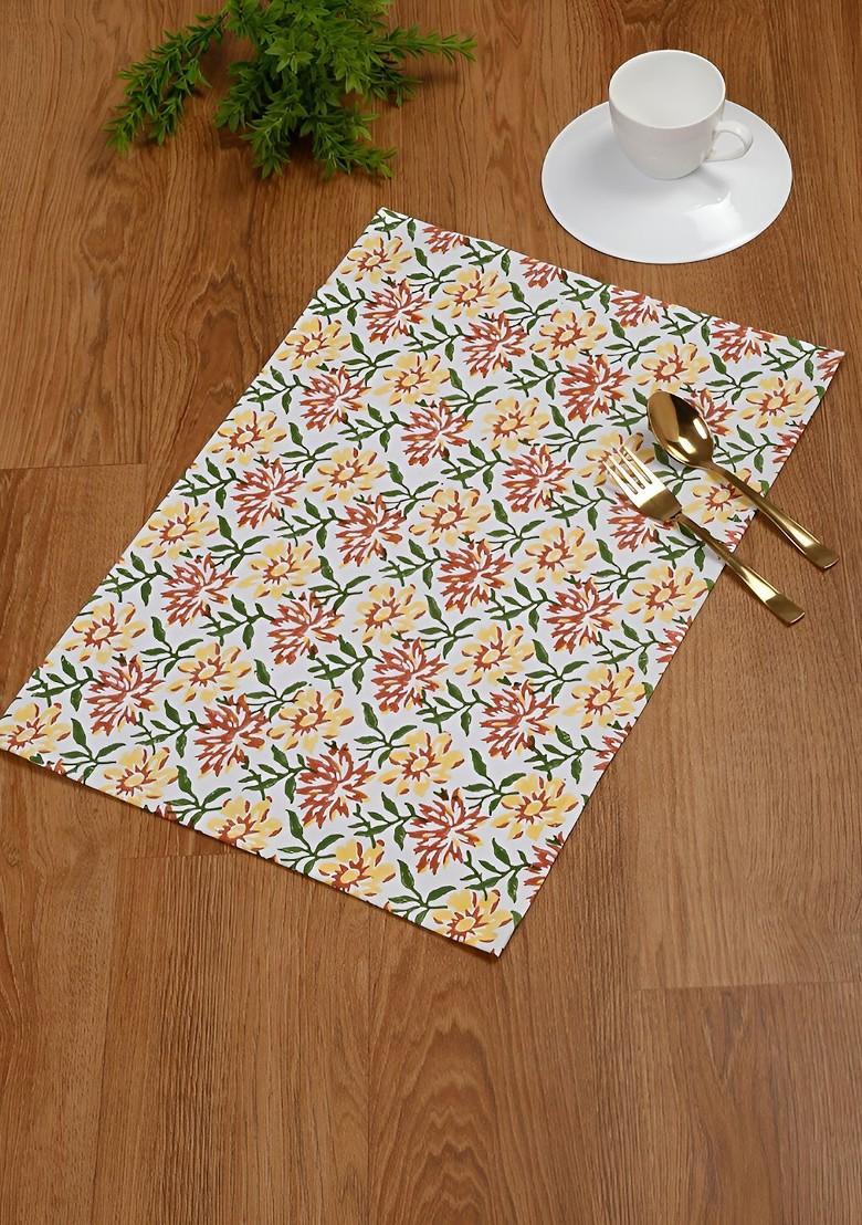 Yellow And Red 4 Pieces Floral Printed Rectangle Cotton Table Placemats