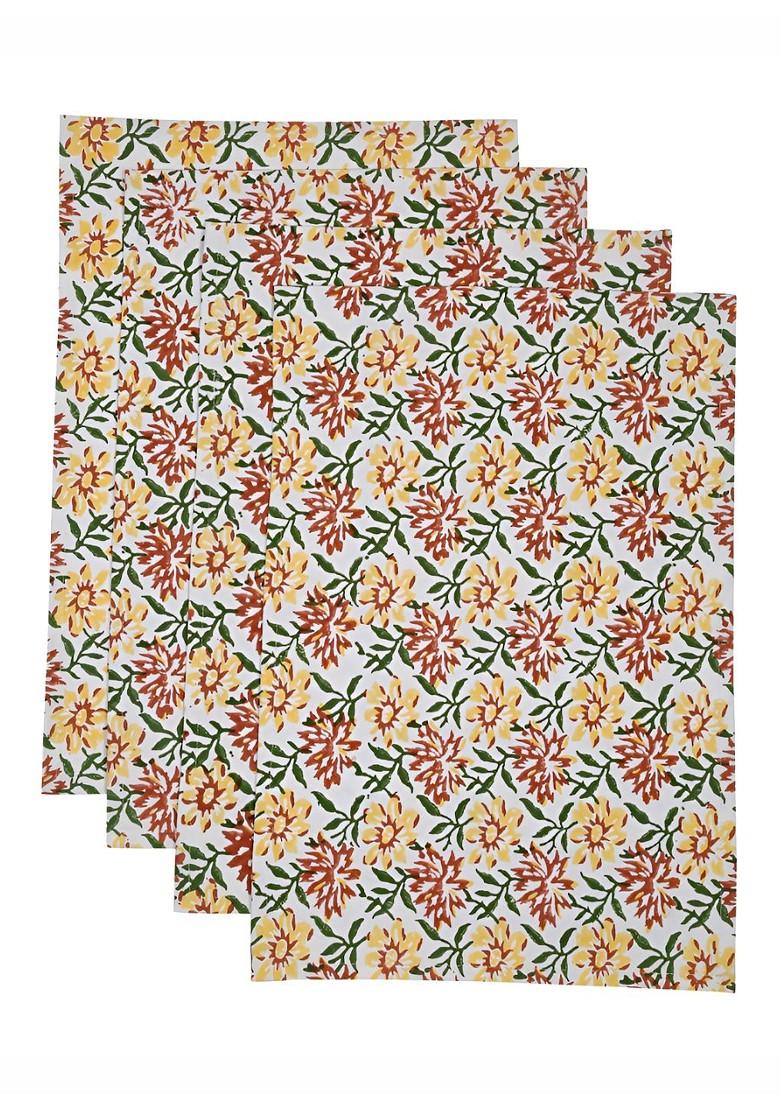 Yellow And Red 4 Pieces Floral Printed Rectangle Cotton Table Placemats