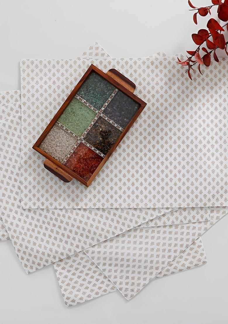 White And Beige 6 Pieces Floral Printed Rectangle Cotton Table Placemats