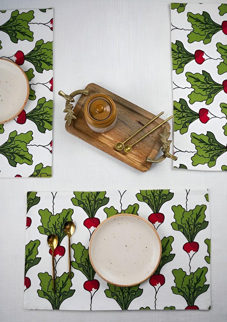 Green And White 4 Pieces Printed Rectangle Cotton Table Placemats