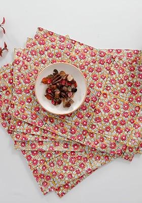 Peach And Green 6 Pieces Floral Printed Rectangle Cotton Table Placemats