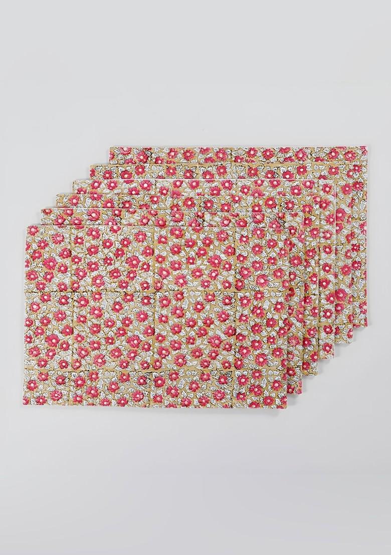 Peach And Green 6 Pieces Floral Printed Rectangle Cotton Table Placemats