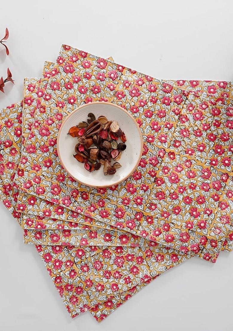 Peach And Green 6 Pieces Floral Printed Rectangle Cotton Table Placemats