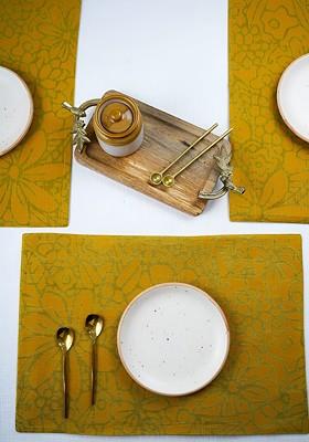 Yellow And Green 6 Pieces Floral Printed Rectangle Cotton Table Placemats