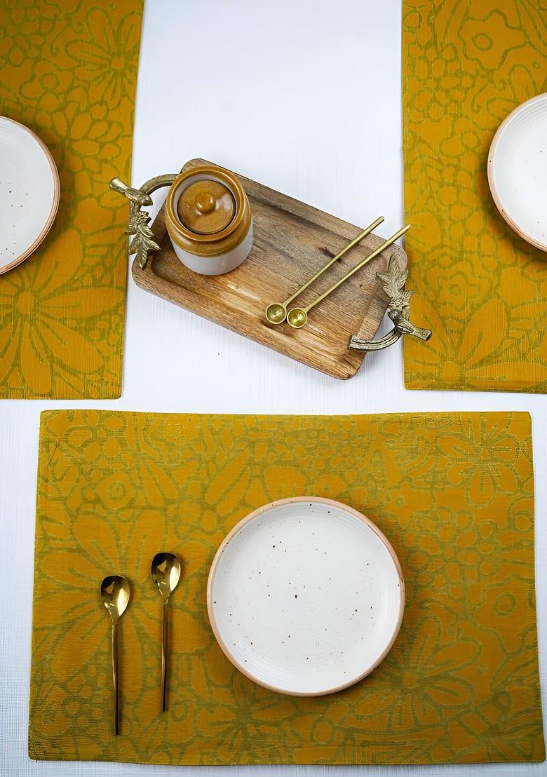 Yellow And Green 6 Pieces Floral Printed Rectangle Cotton Table Placemats