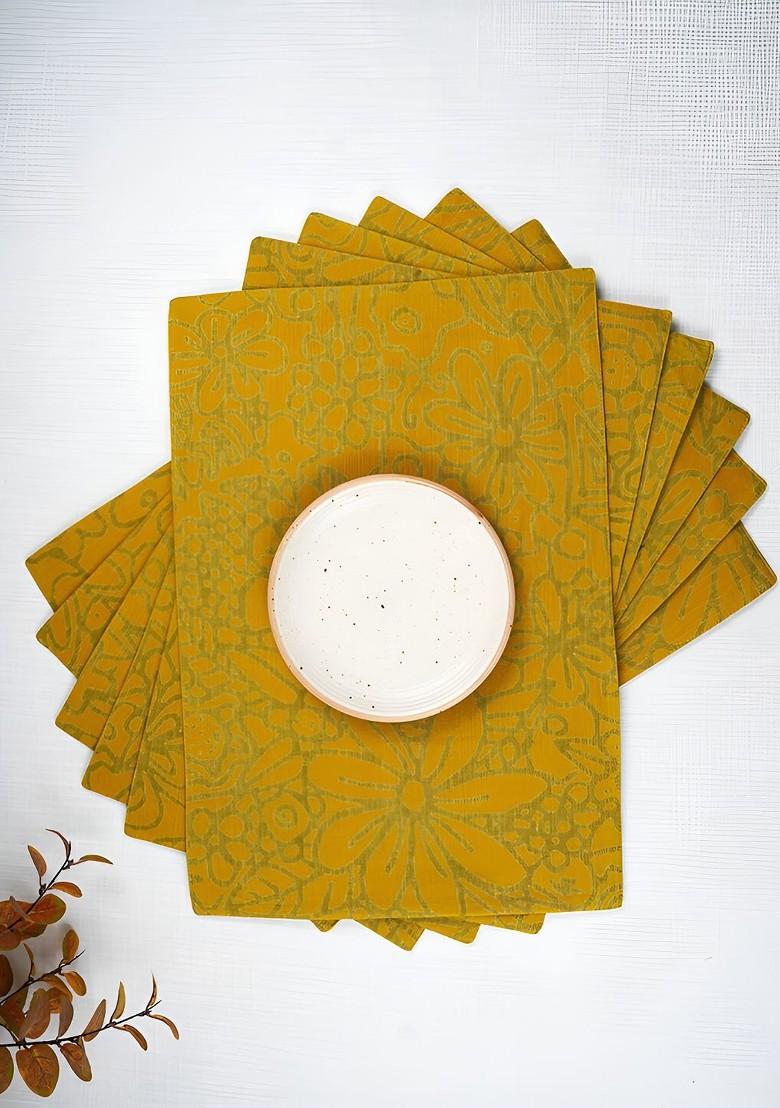 Yellow And Green 6 Pieces Floral Printed Rectangle Cotton Table Placemats