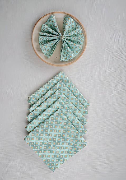 Green 6 Pieces Floral Printed Cotton Dinner Table Napkins