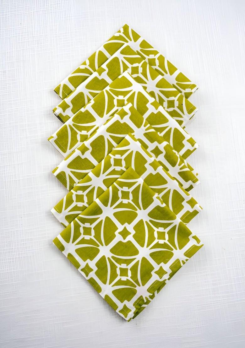 Green And White 6 Pieces Geometric Printed Cotton Table Napkins