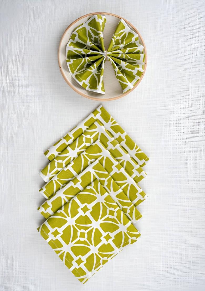 Green And White 6 Pieces Geometric Printed Cotton Table Napkins